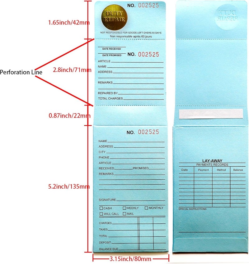 Jsfelye Jewelry Repair Envelopes 3-Part Tear-Off Light Blue Receipt Numbered in Consecutive Order - Image 3